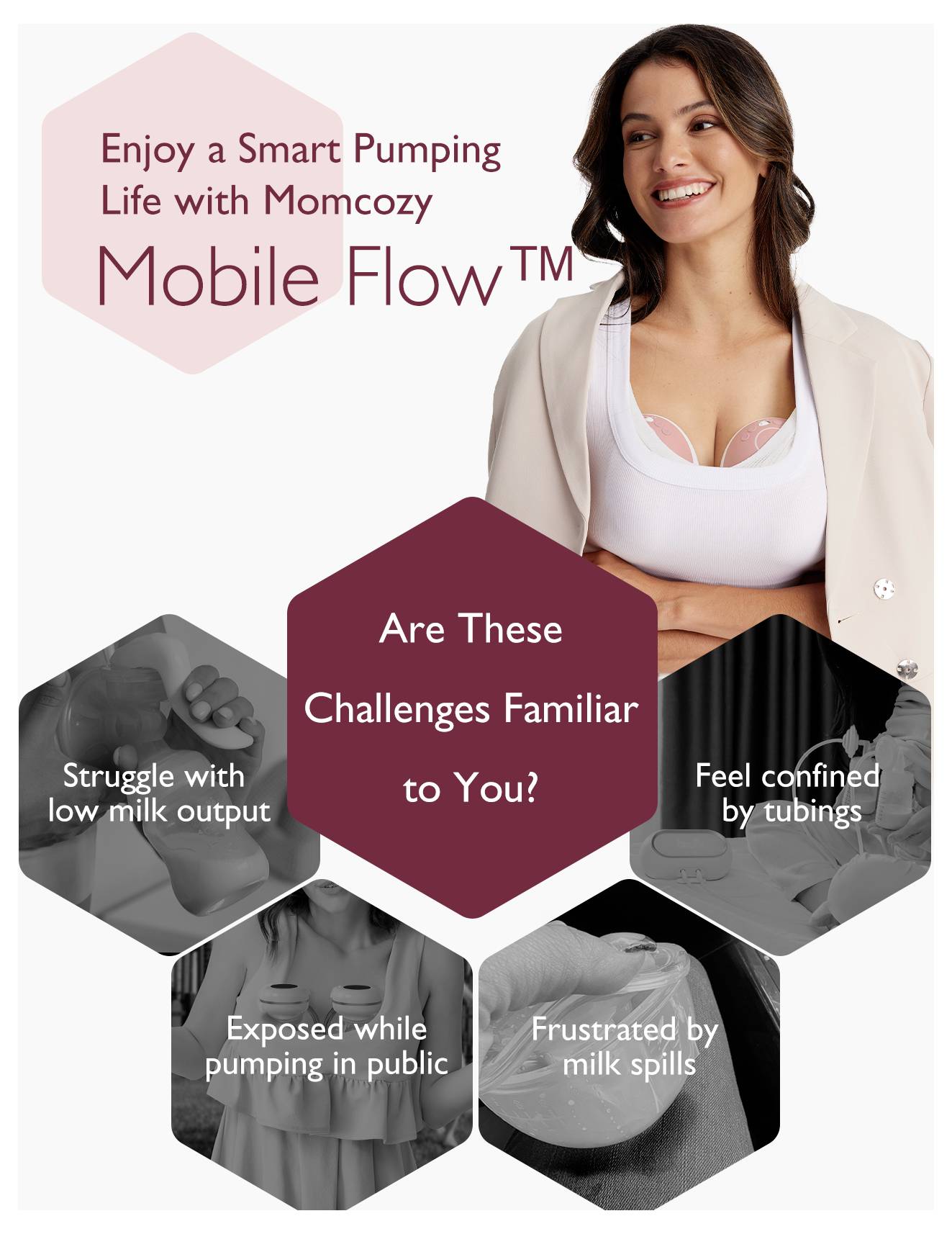 Žena s odsávačkou a text: 'Užijte si chytrý život se sáním s Momcozy Mobile Flow'. Výzvy: nízká produkce mléka, omezení hadicemi, veřejné odkrytí, rozlití mléka.