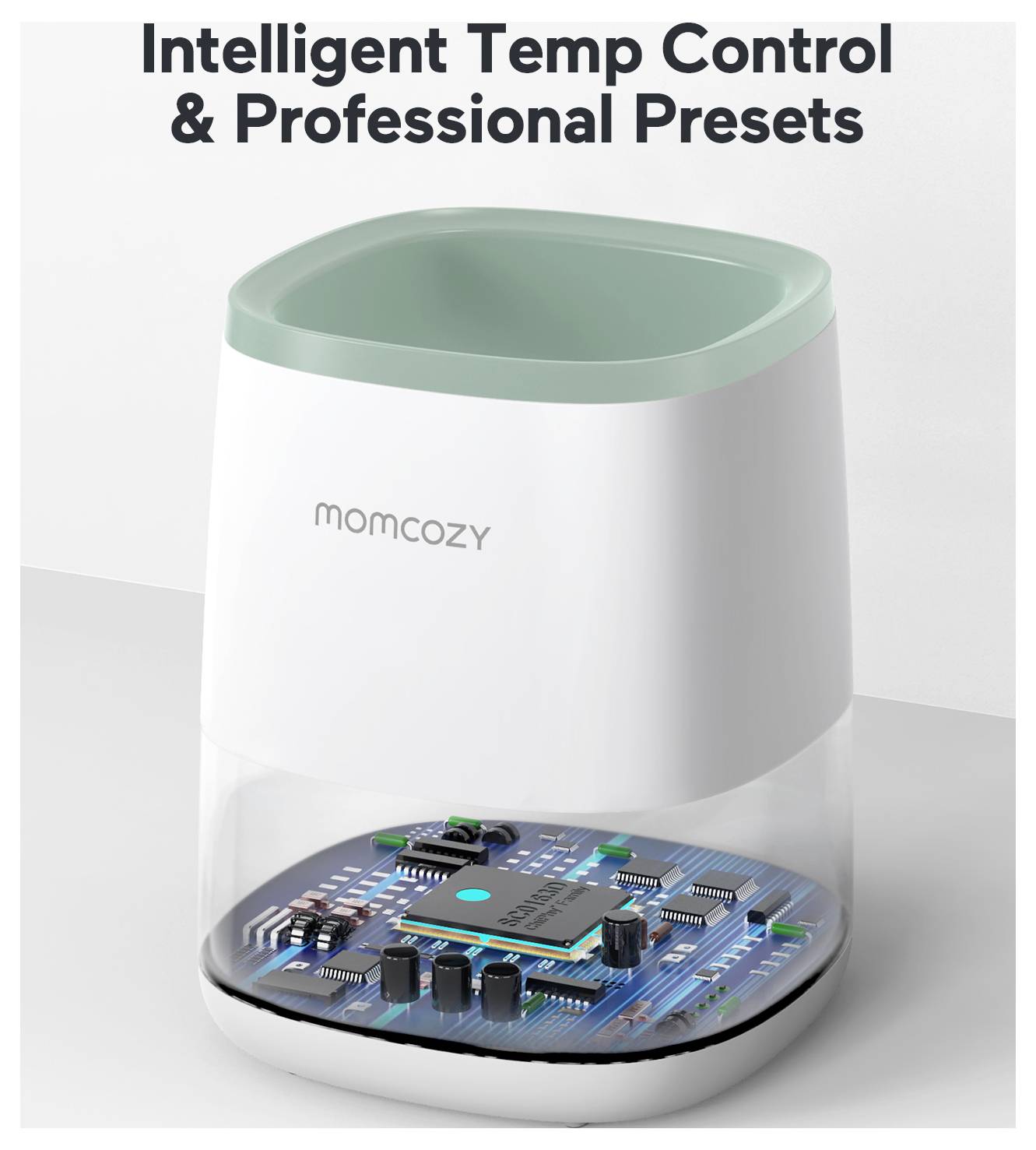 Zařízení označené 'momcozy' zobrazující inteligentní regulaci teploty a profesionální přednastavení, s viditelnými elektrickými komponenty.