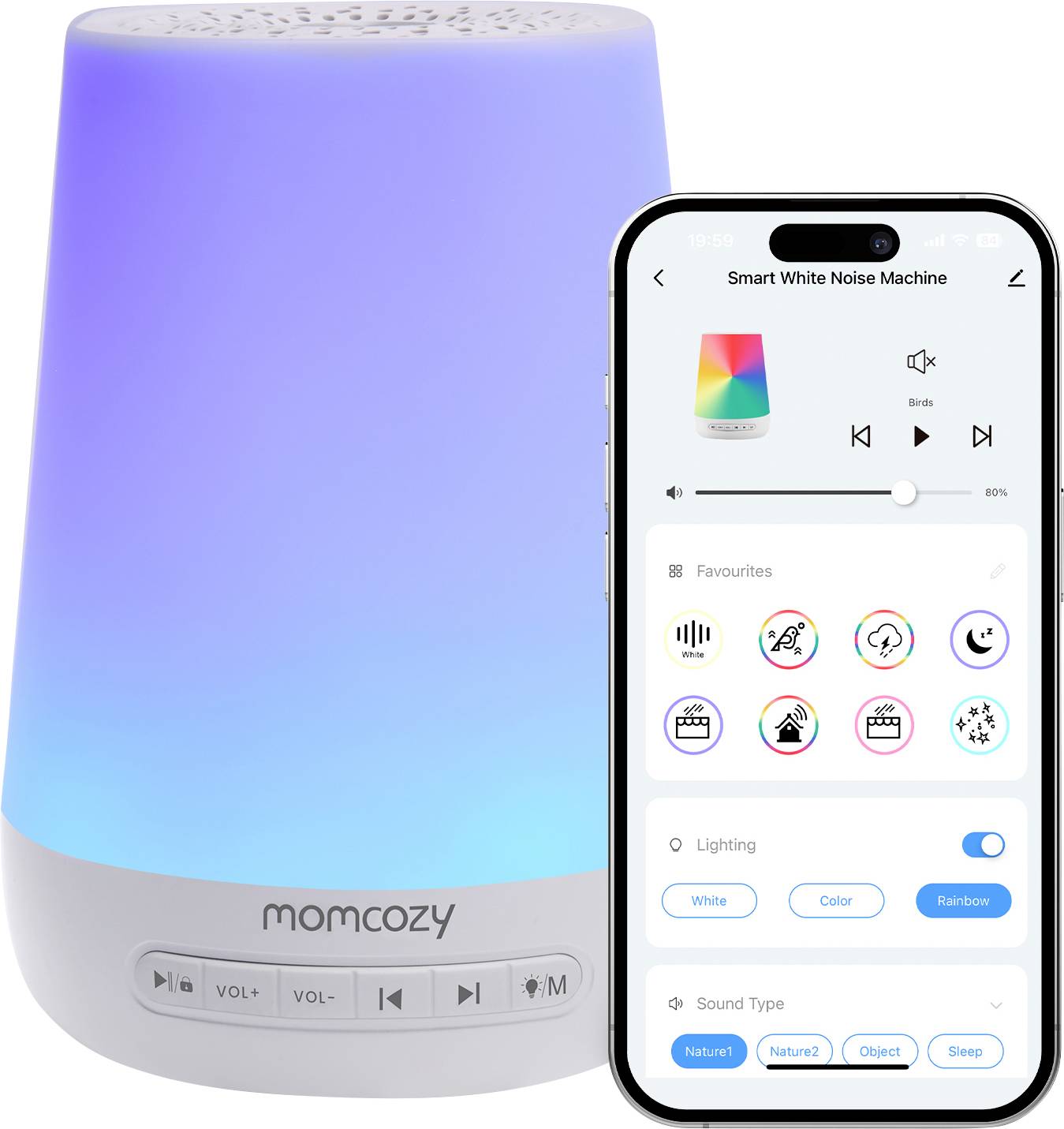 Chytrý bílý generátor šumu s modře světélkujícím osvětlením, spárovaný se smartphonovou aplikací zobrazující možnosti zvuku, hlasitosti a světelné ovládání.