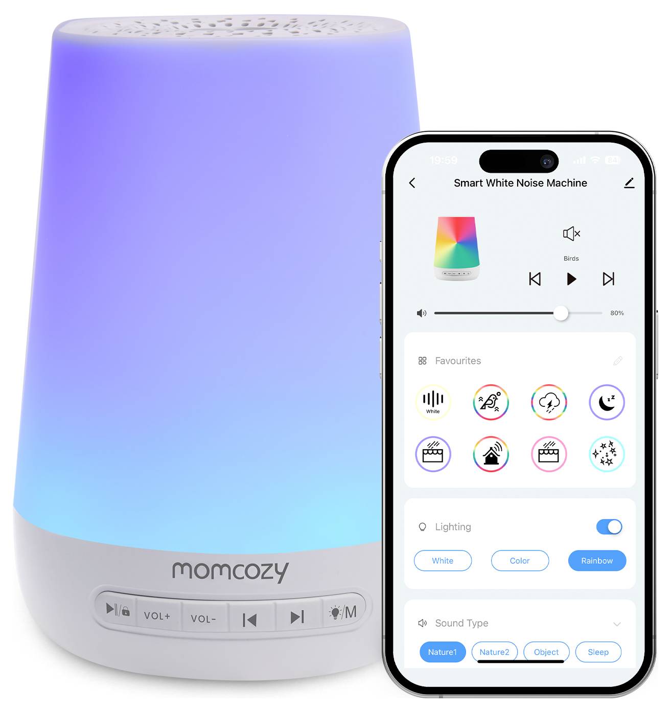 Chytrý bílý zvukový přístroj s ovládací aplikací zobrazený na telefonu. Přístroj světélkuje modře a ukazuje hlasitost, typy zvuků a možnosti osvětlení.