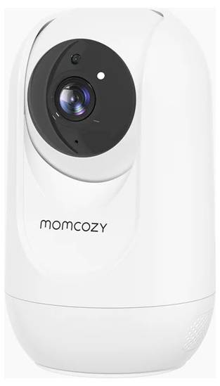 Bílá kamera dětské chůvičky s černou čočkou, značky 'Momcozy', určená pro použití uvnitř místnosti.