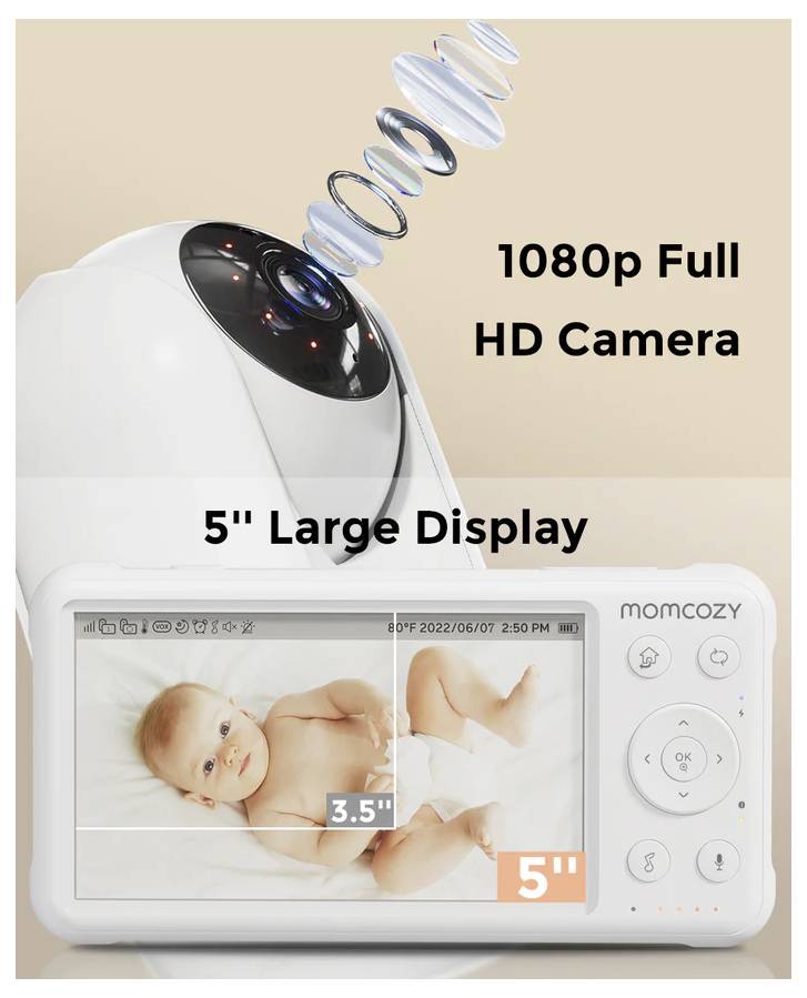 Dětská chůvička s designem objektivu kamery, na které je zobrazený text '1080p Full HD kamera'. Zobrazuje 5palcový displej s obrázkem miminka.
