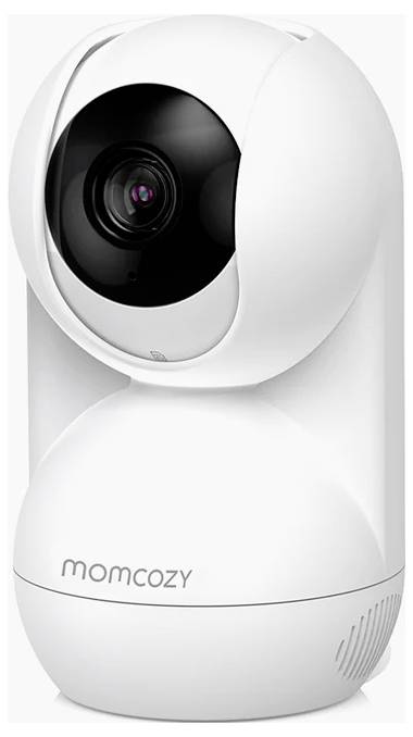 Bílá kamera dětského monitoru s černým objektivem, s hladkým, moderním designem a názvem značky 'momcozy' na své základně.