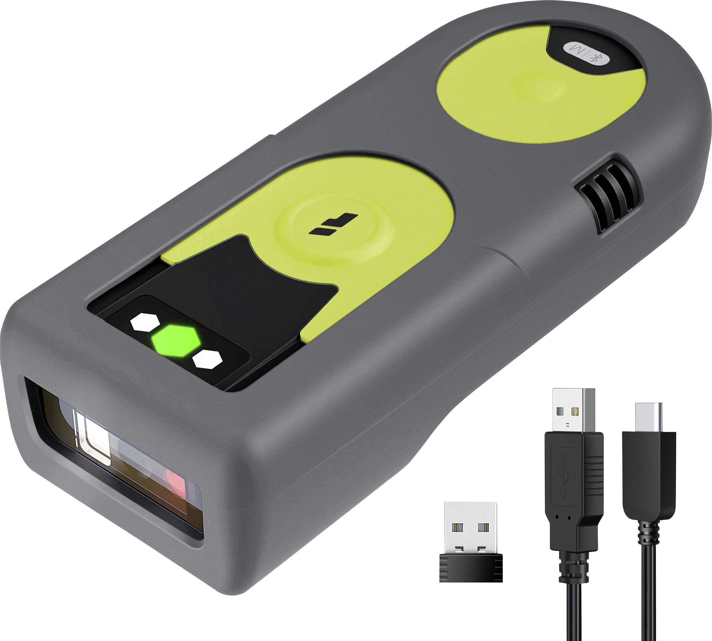 Přenosný skener čárových kódů s konektory USB a micro USB zobrazeny odděleně. Zařízení je černé a zelené, vybavené tlačítky pro skenování.