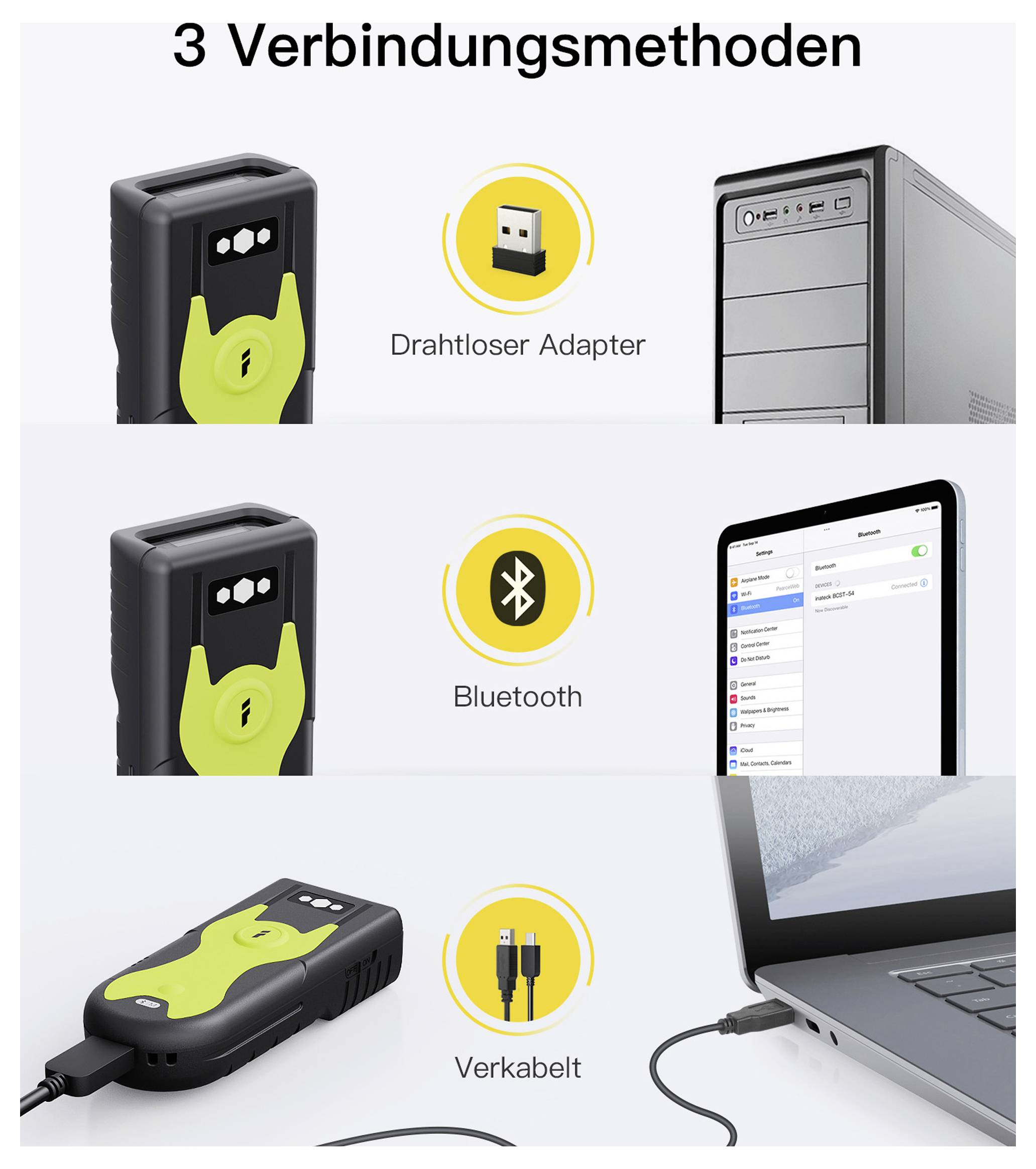 Obrázek ukazuje tři způsoby připojení: 1) bezdrátový adaptér na počítač; 2) Bluetooth na tablet; 3) USB kabel na laptop.