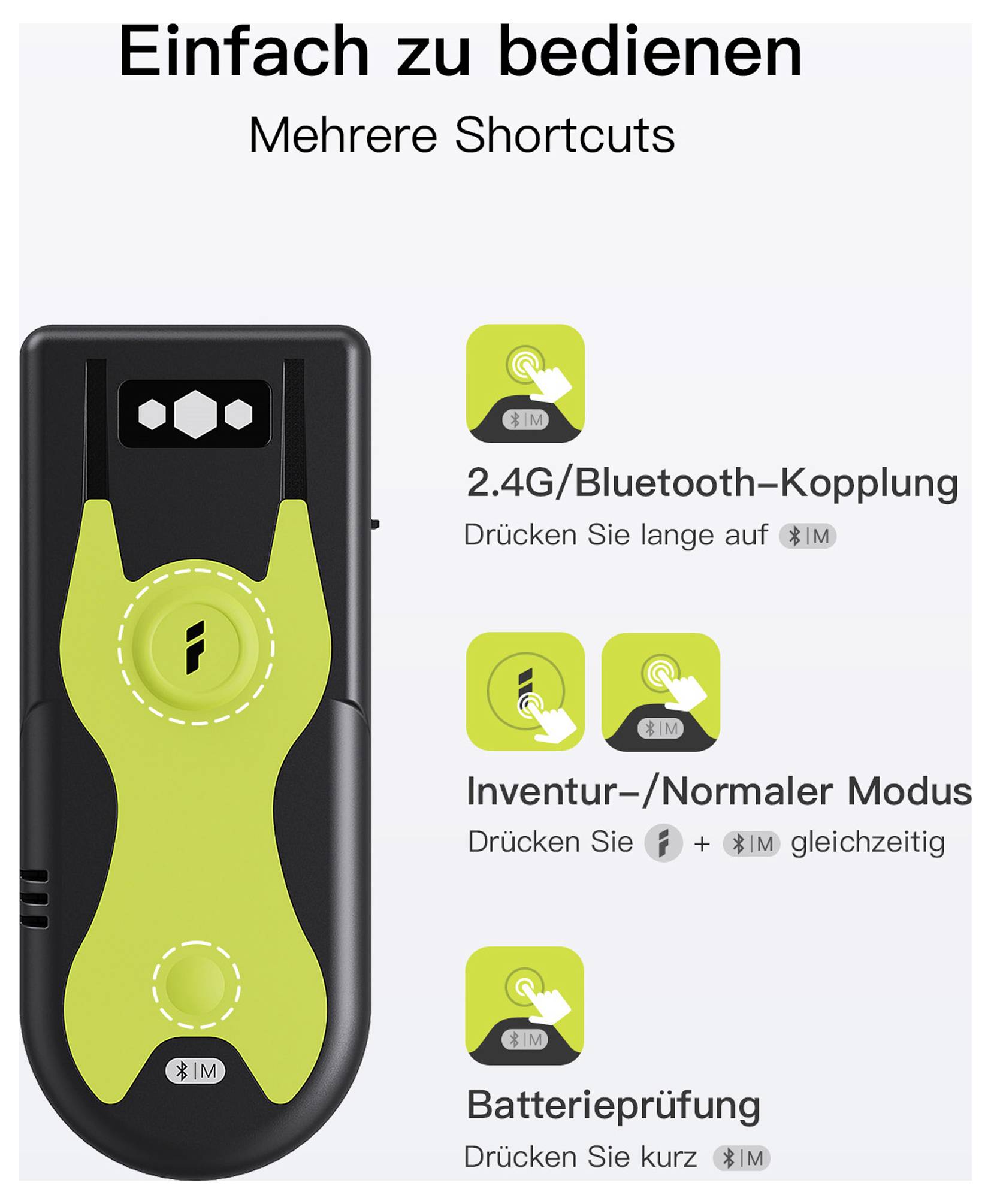 „Jednoduché na obsluhu" text s obrázky ručního zařízení a ikonami pro „Párování 2.4G/Bluetooth", „Režim inventury/Normální režim" a „Kontrola baterie".