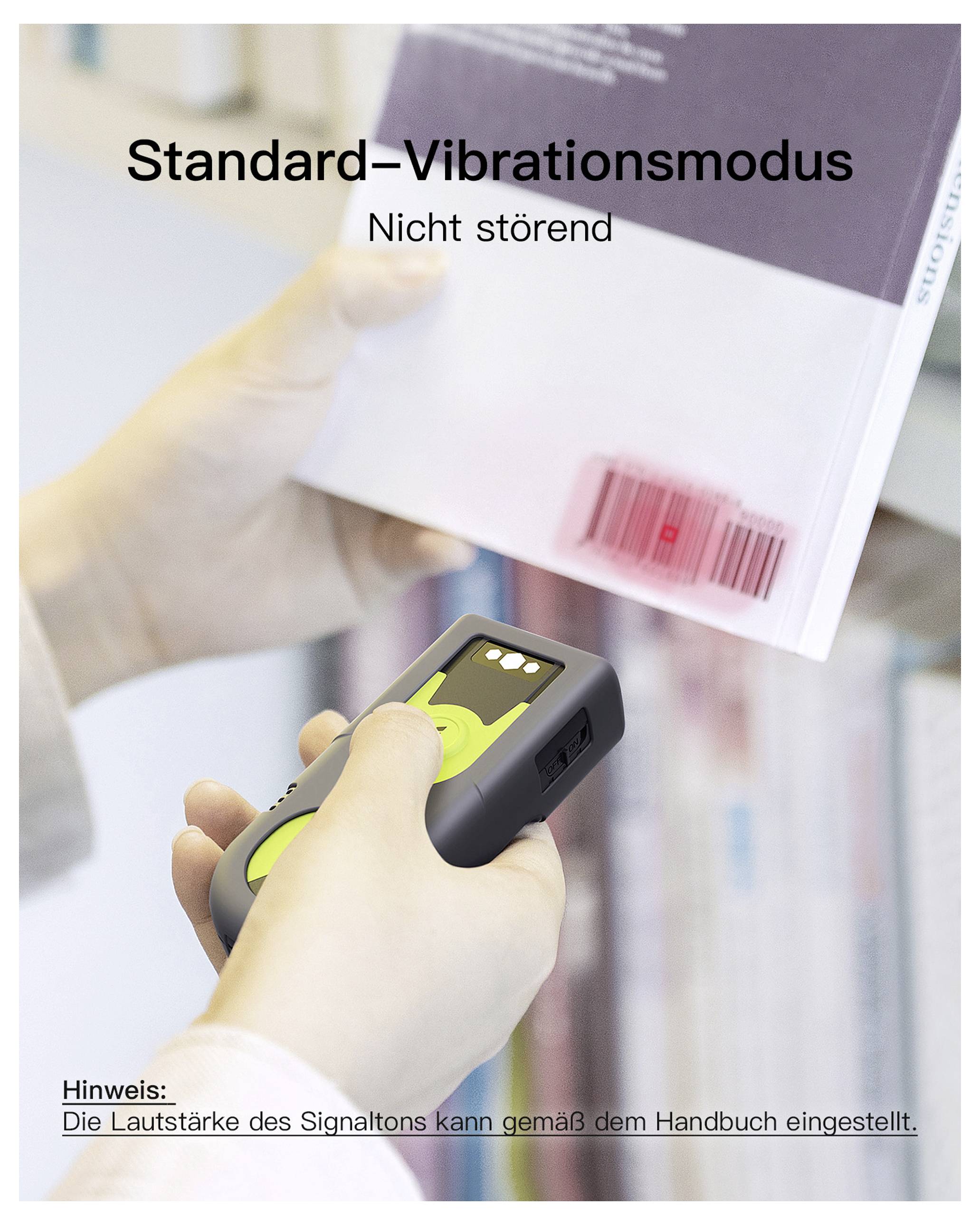 Osoba naskenuje čárový kód knihy přenosným skenerem. Text zní „Standardní režim vibrací - Nerušivý".
