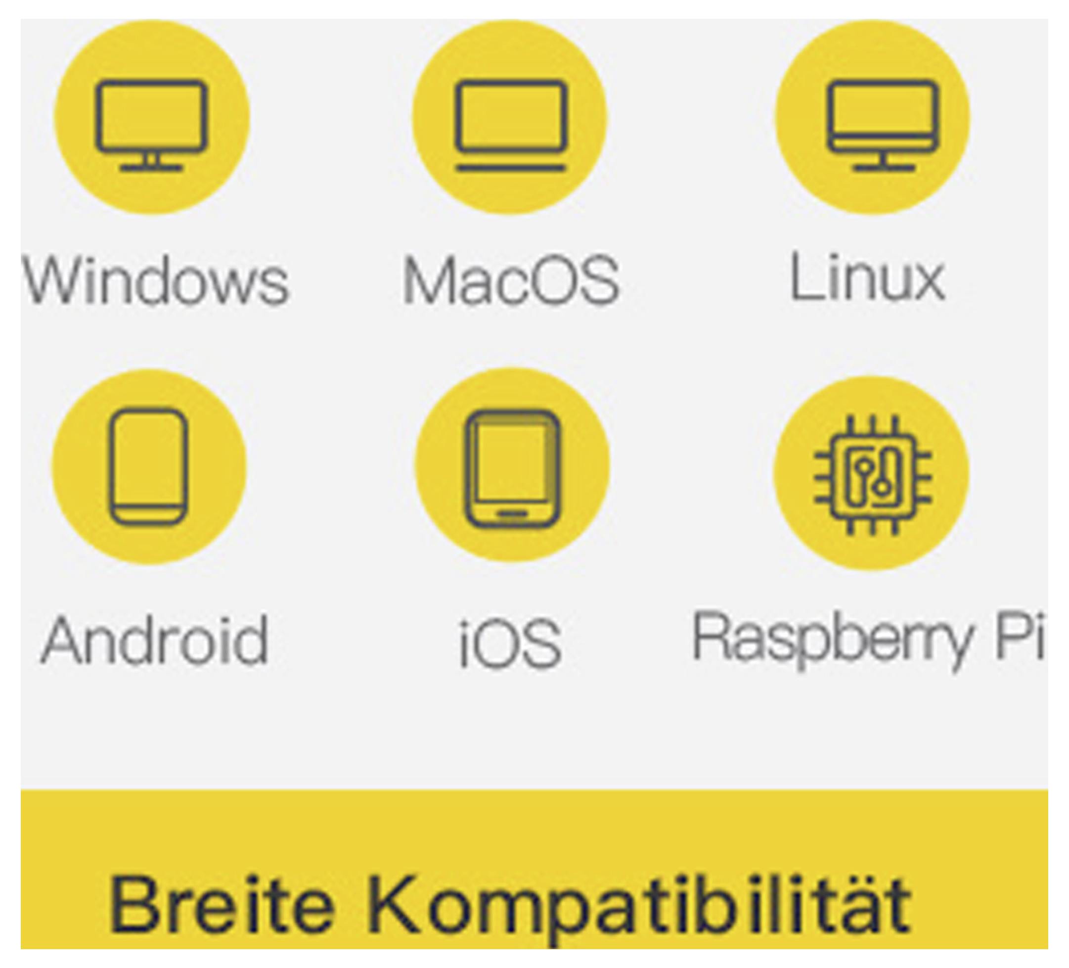 Ikony kompatibility s textem 'Široká kompatibilita' pro Windows, MacOS, Linux, Android, iOS, Raspberry Pi.
