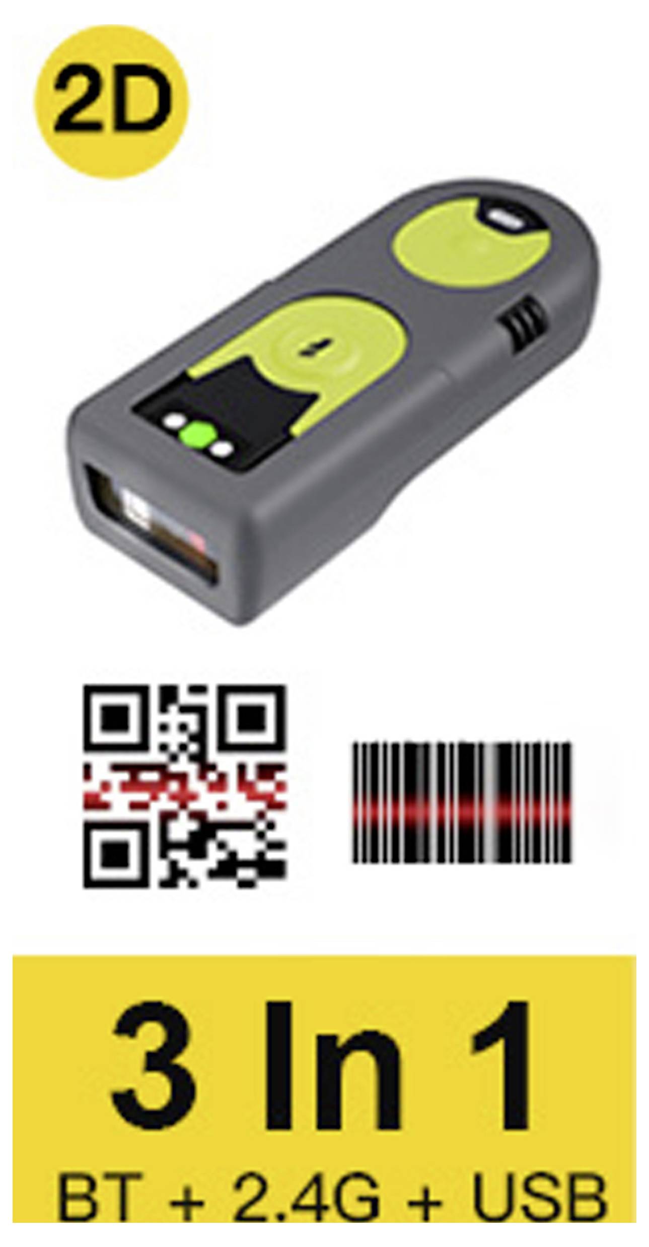 '2D skener čárových kódů s trojí konektivitou: Bluetooth, 2,4G, USB. Obsahuje možnosti skenování QR kódů a čárových kódů.'