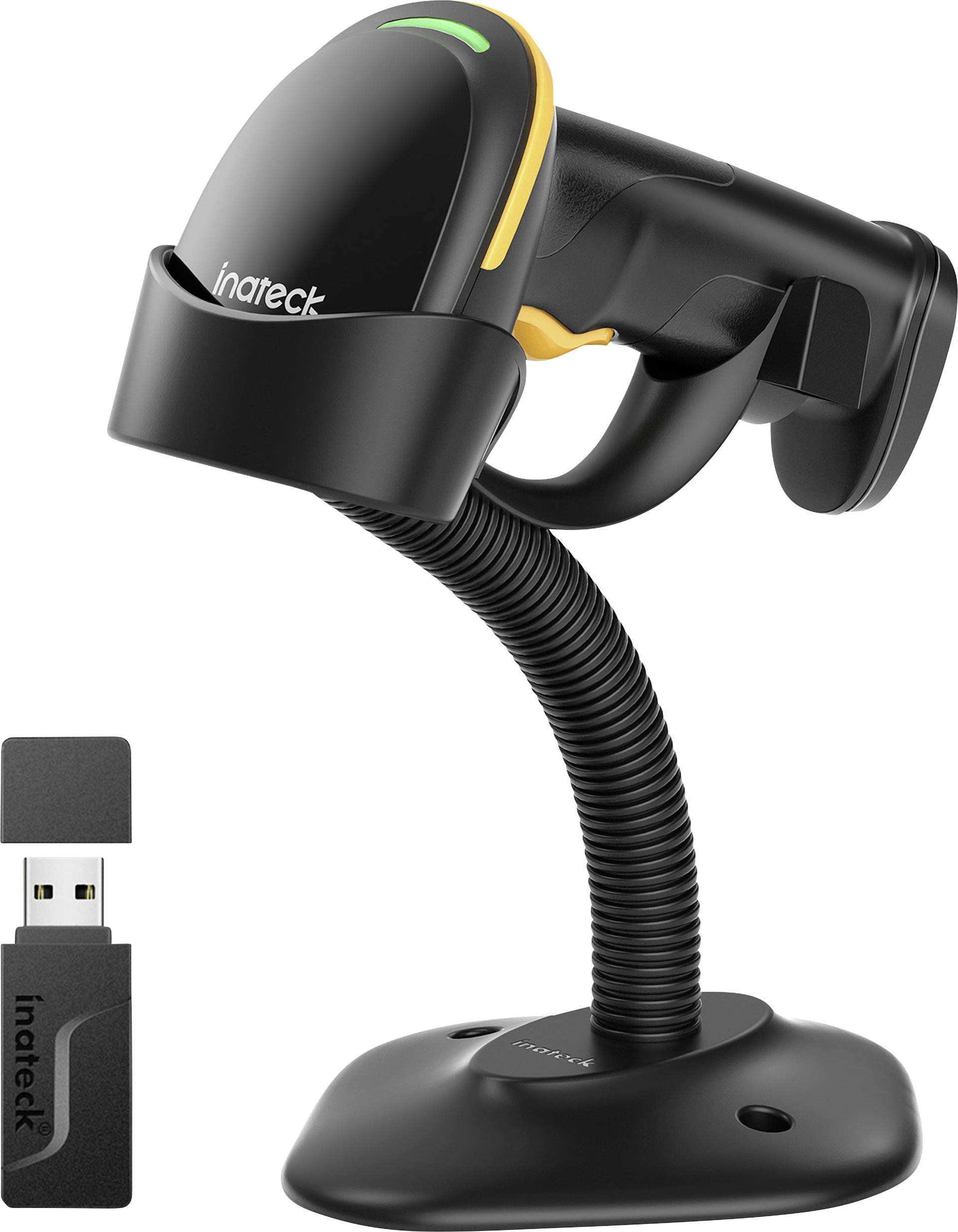 Přenosný skener čárových kódů na stojanu s USB přijímačem vedle něj, vhodný pro aplikace v maloobchodě nebo správě zásob.