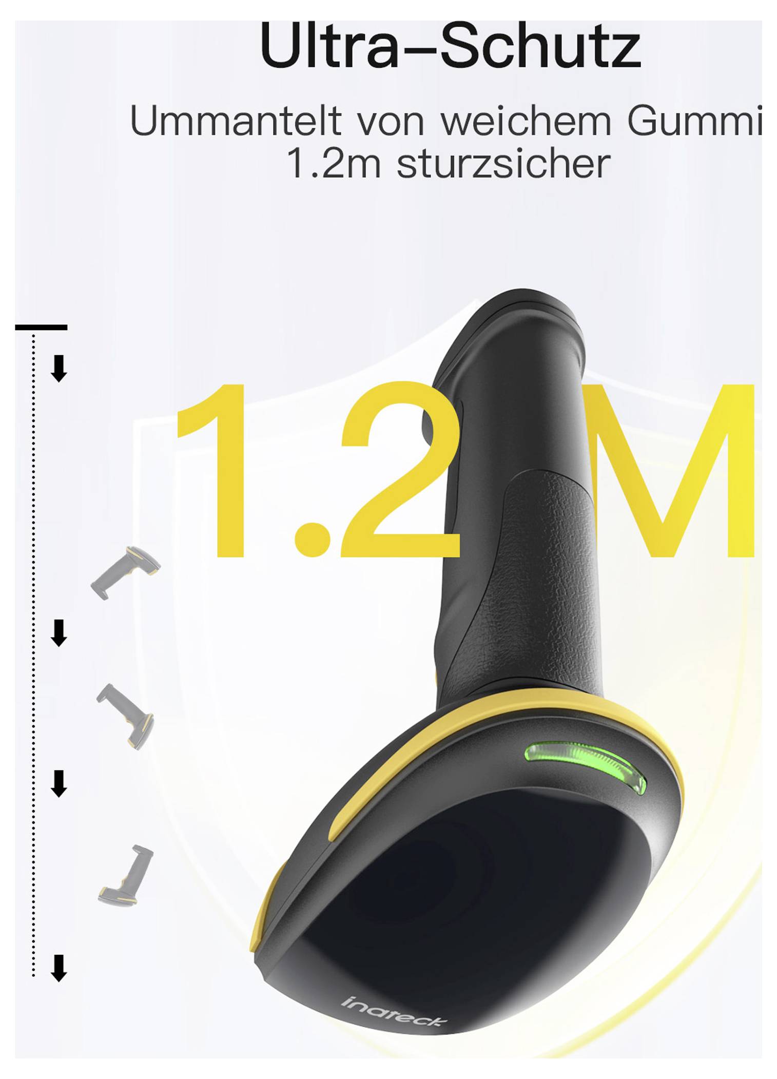 Skener čárových kódů ‚Ultra-Schutz' chráněný měkkým gumou, testovaný na pád z výšky 1,2 metru; zdůrazňuje odolnost a odolnost proti pádu.