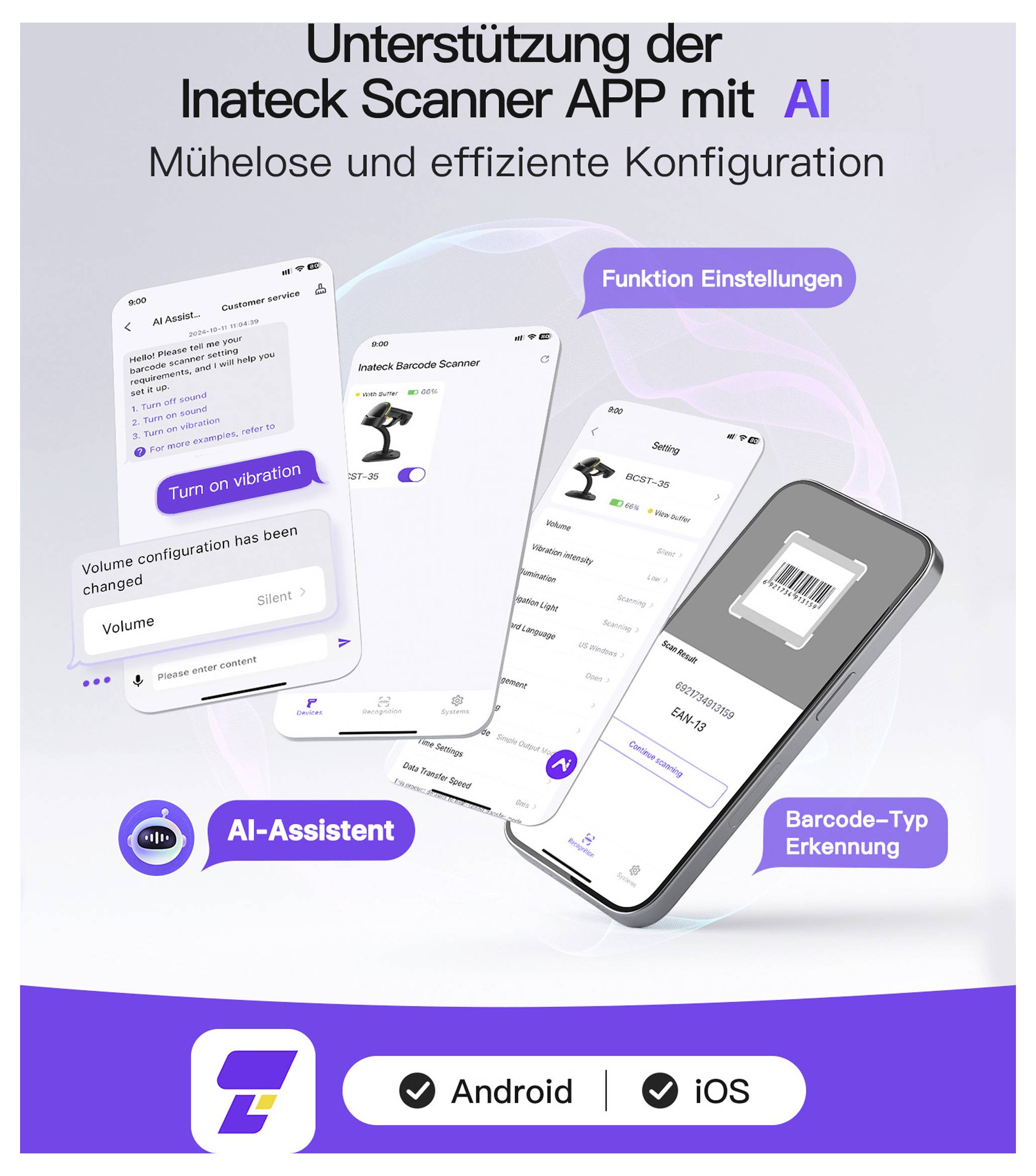 Obrázek zobrazuje propagační grafiku aplikace Inateck Scanner App s funkcemi „AI", která zdůrazňuje snadnou konfiguraci na Androidu a iOS.