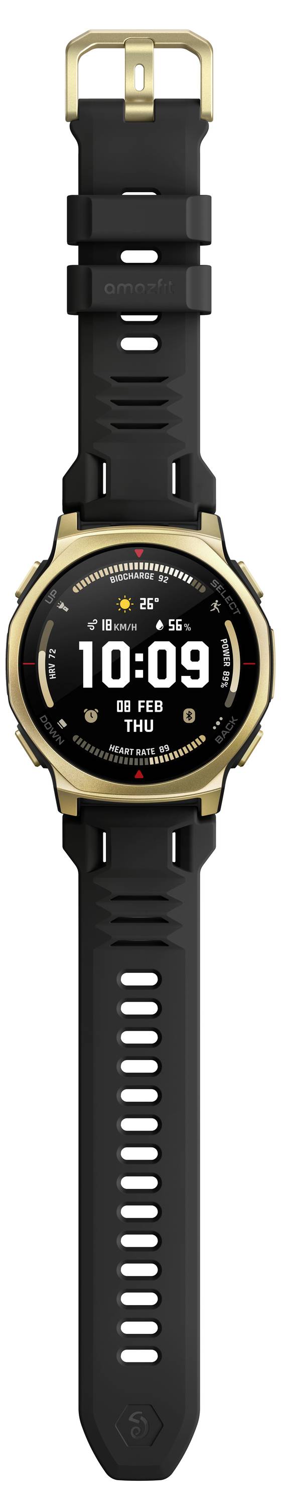 Černé digitální sportovní hodinky se zlatým obdélníkem a černým páskem, zobrazující na ciferniku 10:09 a THU.