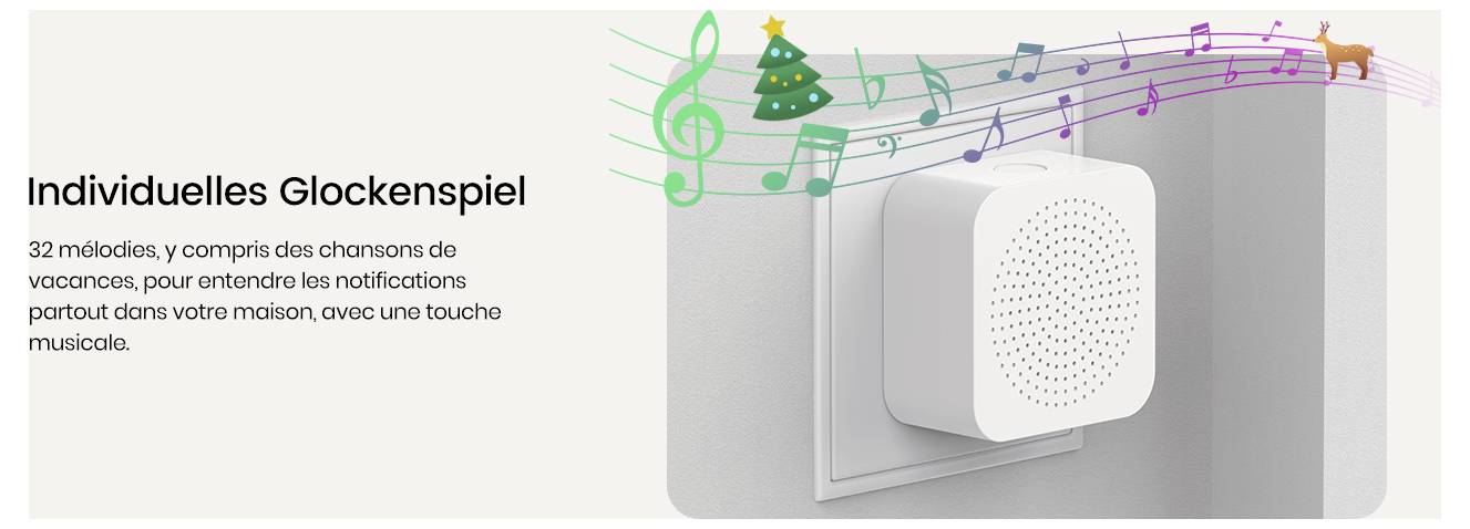 Individuální zařízení pro hraní melodií 'Zvonkohra' umístěné v zásuvce vysílá hudební tóny. Text popisuje 32 melodií, včetně svátečních písní.