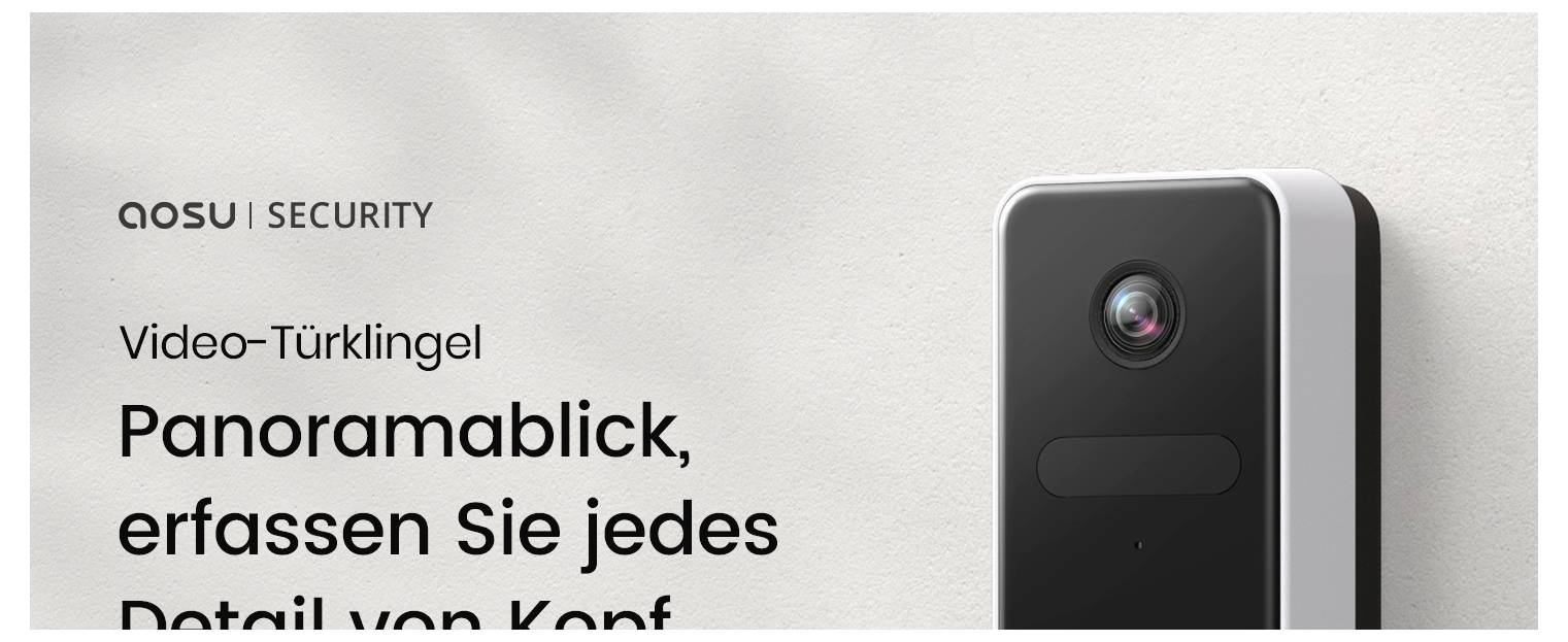 Zvonek s kamerou 'QOSU SECURITY' s objektivem; text v němčině propaguje panoramatický pohled zachycující detaily.