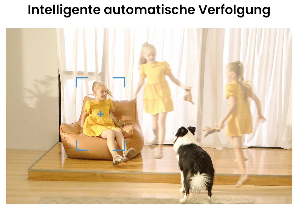 Mladá dívka v žluté sukni je sledována inteligentním trackingových systémem, zatímco pes pozoruje její hru, což demonstruje automatické sledování.
