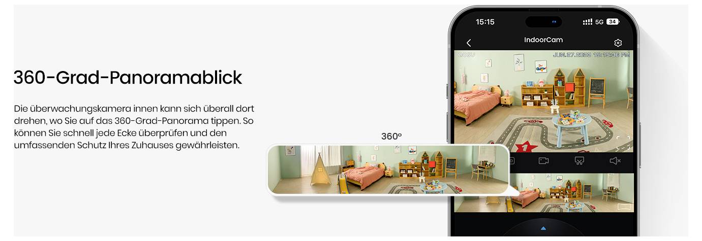 Displej smartphonu zobrazuje panoramatický pohled 360 stupňů s místností, ve které je vidět růžová pohovka, oranžové křeslo a stůl.