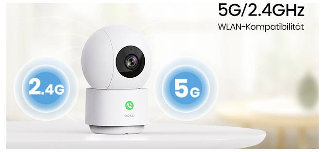 Bezpečnostní kamera podporující síť WLAN '5G/2,4 GHz'. Zobrazuje ikony kompatibility pro '2,4G' a '5G'. Kamera je umístěna na stole uvnitř místnosti.