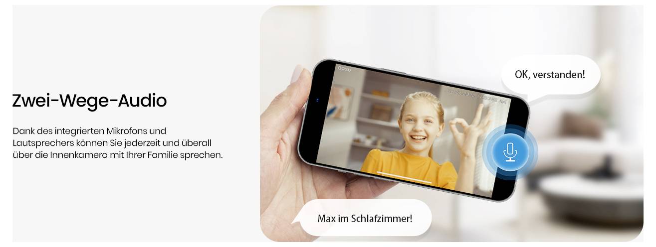 Funkce „Oboustranný audio" zobrazená s úsměvem člověka na obrazovce telefonu. Textové bublinky říkají „OK, rozumím!" a „Max v ložnici."