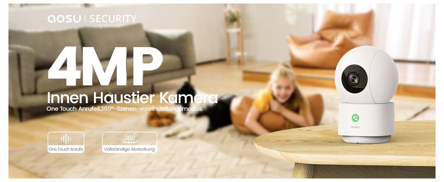 Bezpečnostní kamera AOSU 4MP pro sledování domácích zvířat do interiéru. Zobrazuje bílou kameru na stole s rozmazaným pozadím, kde je člověk a pes uvnitř místnosti.