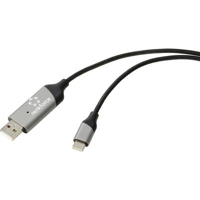 Kabel USB-C na USB-A s kovovými konektory, určený pro nabíjení a přenos dat, se štítkem „renkforce" na jednom konci.