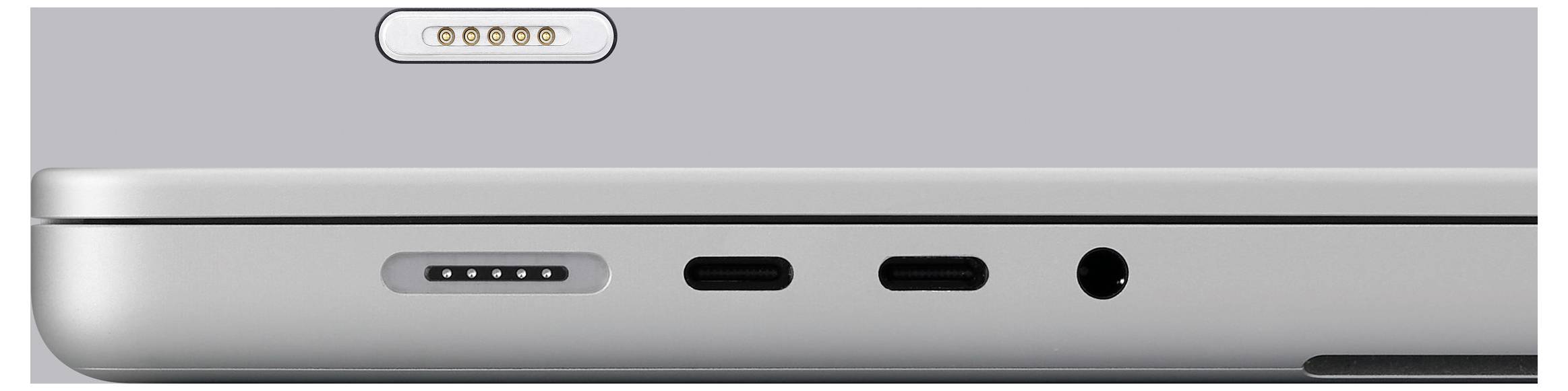 'Pohled na notebook ze strany zobrazující MagSafe, dva porty USB-C a konektor pro sluchátka.'