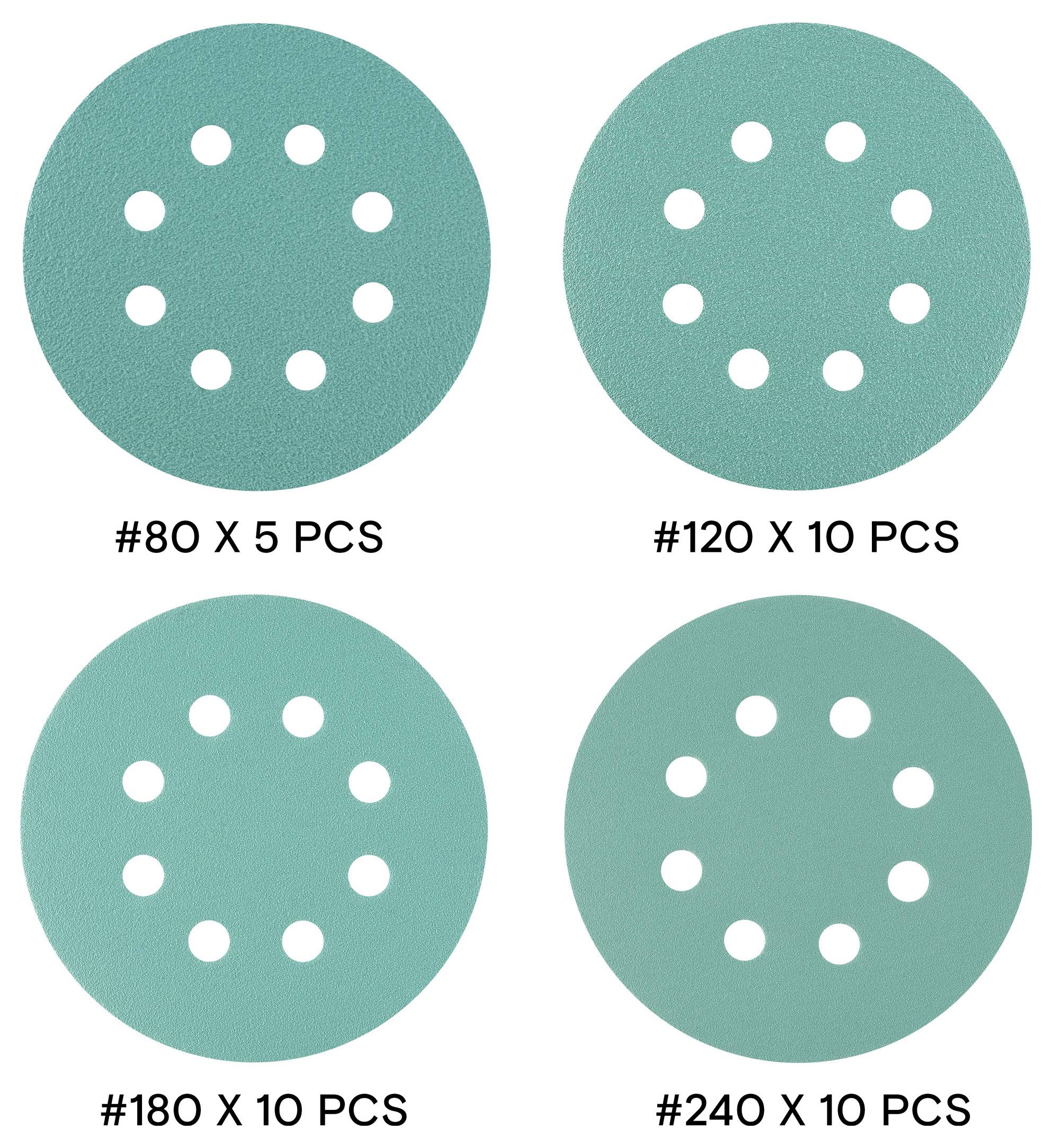 Čtyři brusné disky s otvory: „#80 x 5 ks", „#120 x 10 ks", „#180 x 10 ks", „#240 x 10 ks", uspořádané v mřížkovém vzoru.
