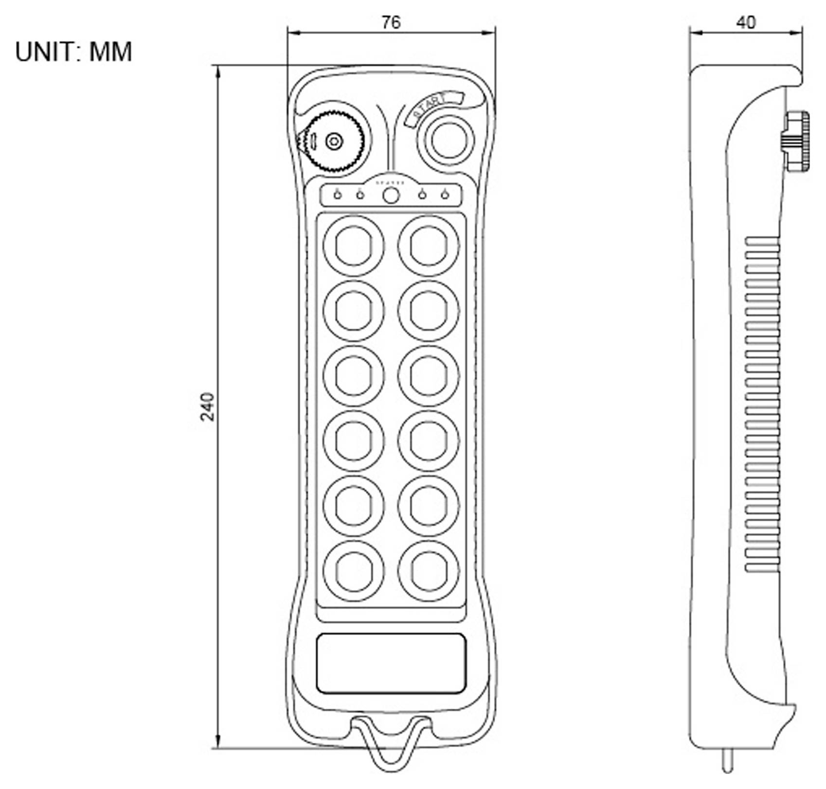 Technický výkres dálkového ovladače s rozměry: délka 240 mm, šířka 76 mm a hloubka 40 mm. Součástí jsou tlačítka a přepínače.