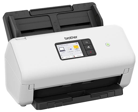 Černobílý stolní scanner značky Brother s digitálním displejem a ovládacími tlačítky, určený pro skenování dokumentů.