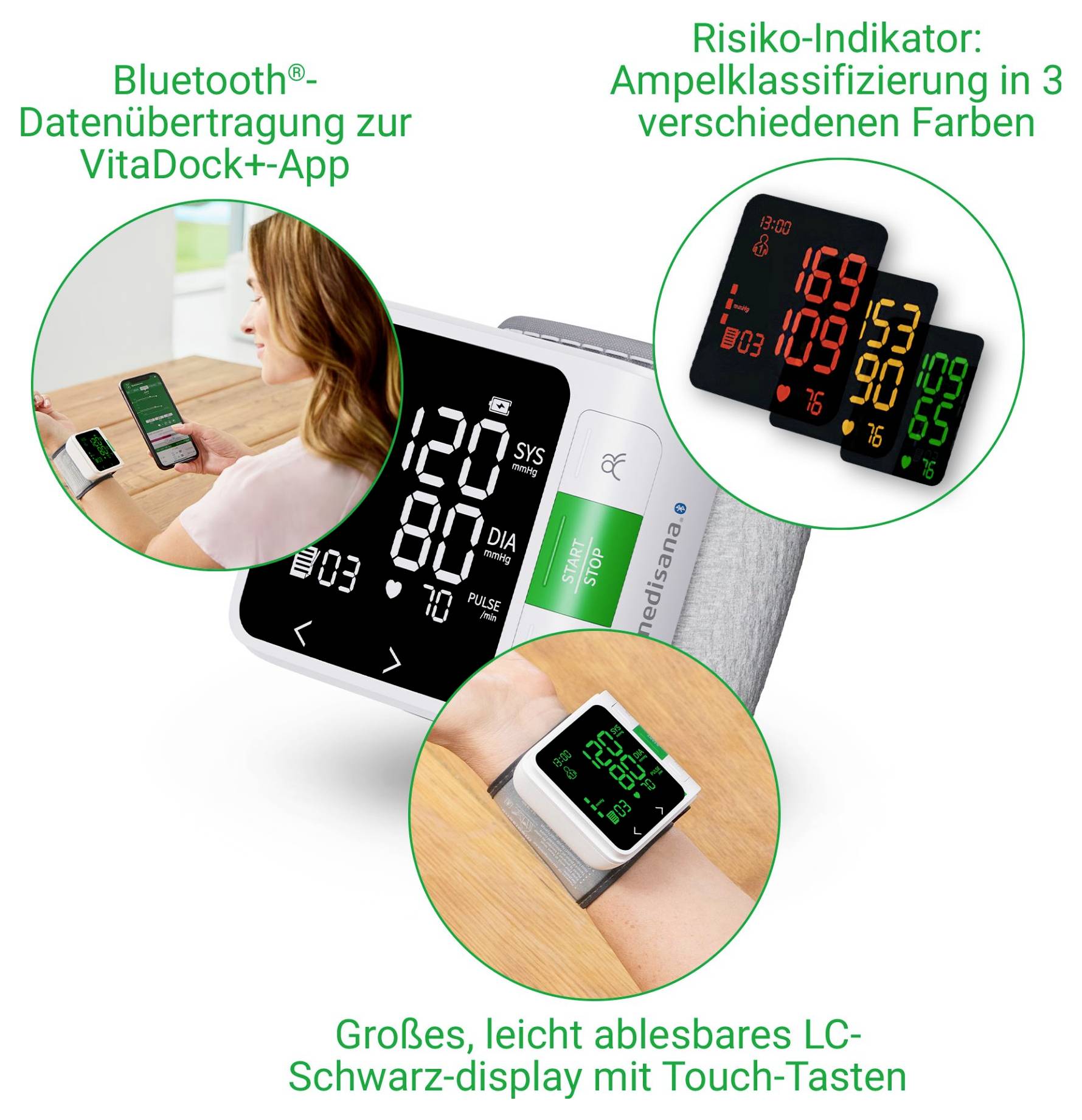 Měřič krevního tlaku s měřením zobrazeným na velkém, snadno čitelném displeji LCD s dotykovými tlačítky; připojuje se přes Bluetooth do mobilní aplikace.