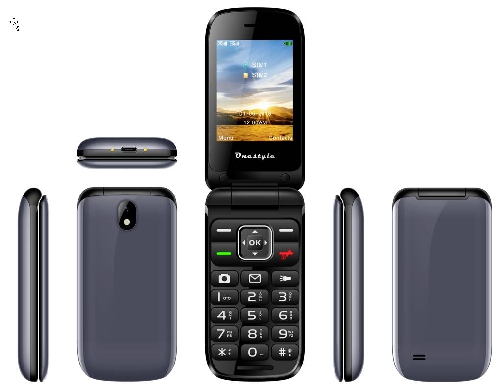 Černý sklopný mobilní telefon zobrazený z více úhlů: pohled zepředu otevřený, zepředu zavřený, z boku zavřený a pohled zezadu, s velkými tlačítky a malým displejem.