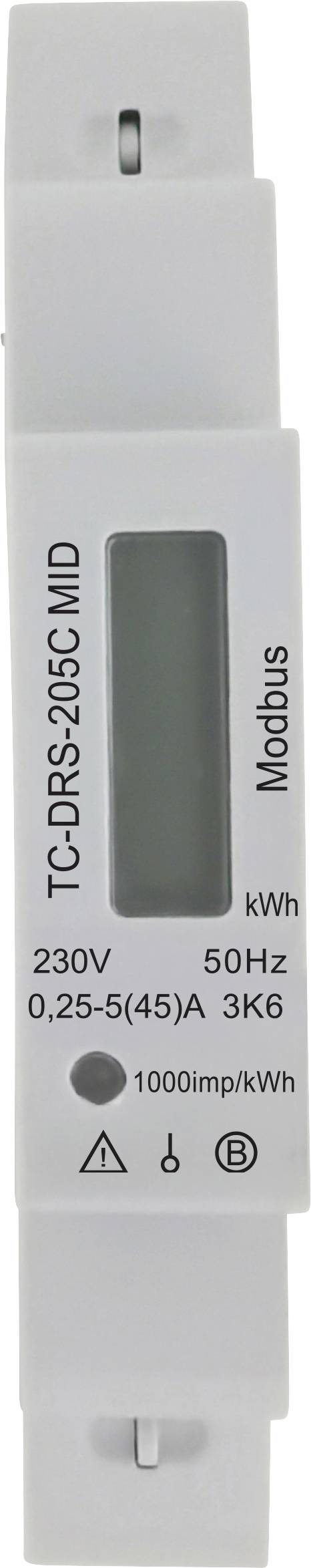 Úzký bílý elektroměr elektrické energie označený TC-DRS-205C MID s malým tmavým displejem a vytištěnými specifikacemi včetně Modbus, kWh, 230V, 50Hz a 1000imp/kWh.