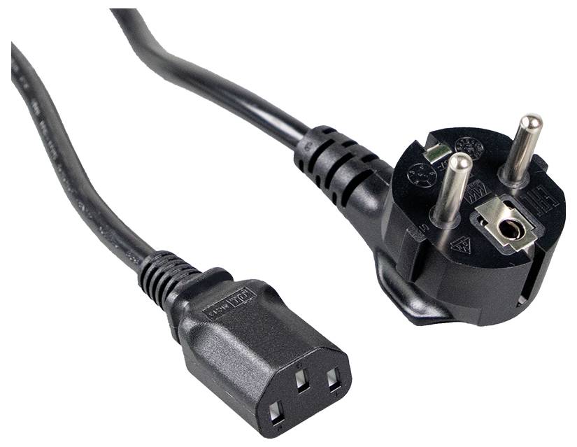 Tříkolíkový evropský elektrický konektor s černým napájecím kabelem vedoucím ke konektoru, používaný pro elektrické přístroje.