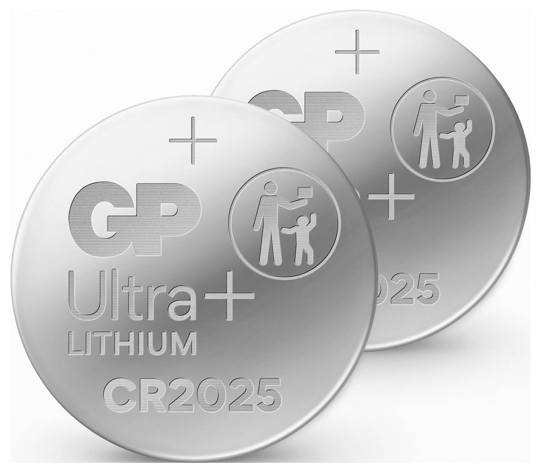 Dva stříbrné lithiové knoflíkové baterie CR2025 s plusovými znaménky, logy a textem "Ultra Lithium CR2025", znázorňující jejich značku a typ.