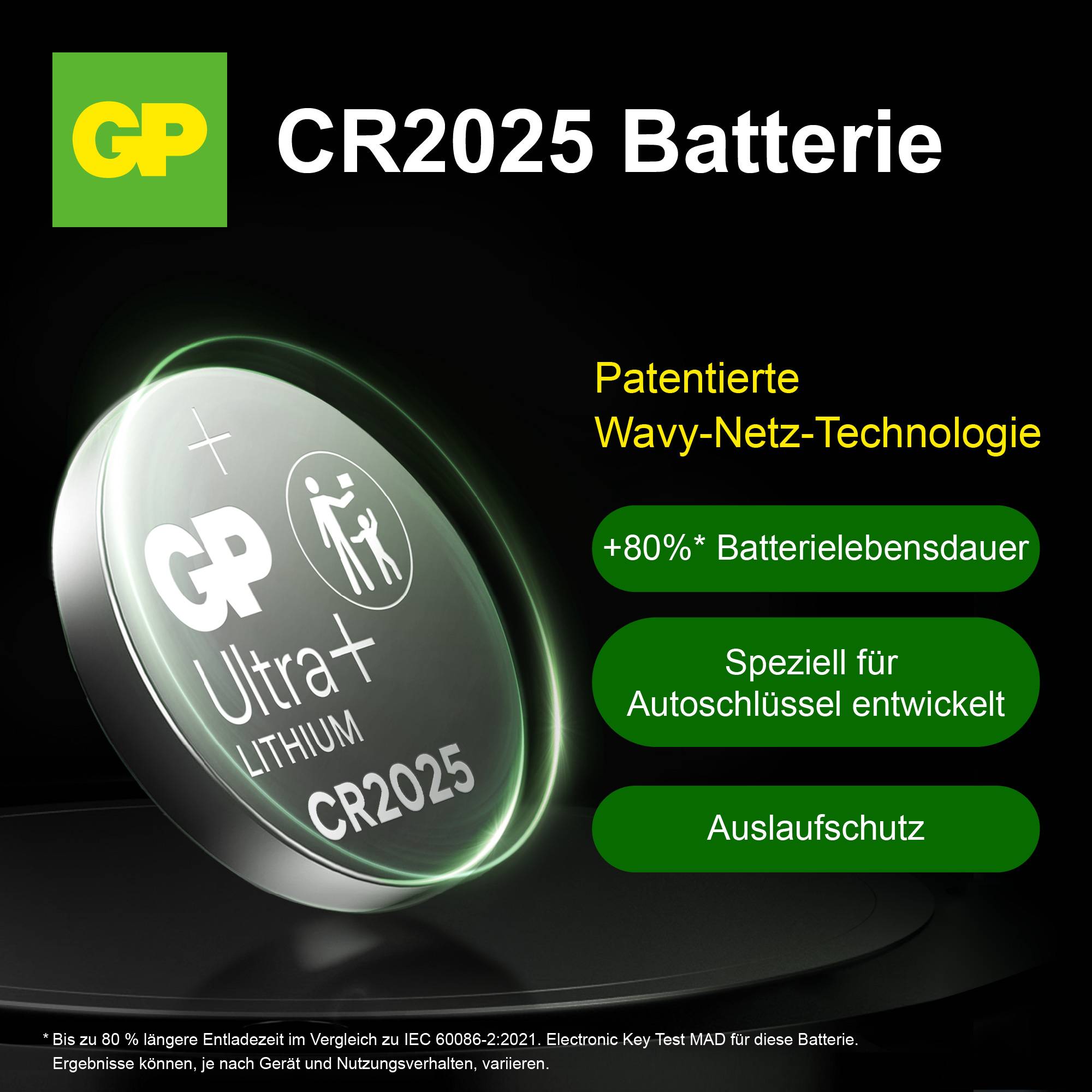 Baterie CR2025: Kulatá, stříbrná lithiová baterie se zeleným okrajem, označená jako 'GP Ultra+', nabízí +80% výdrž baterie. Speciálně určená pro autoklíče, s ochranou proti vytečení.