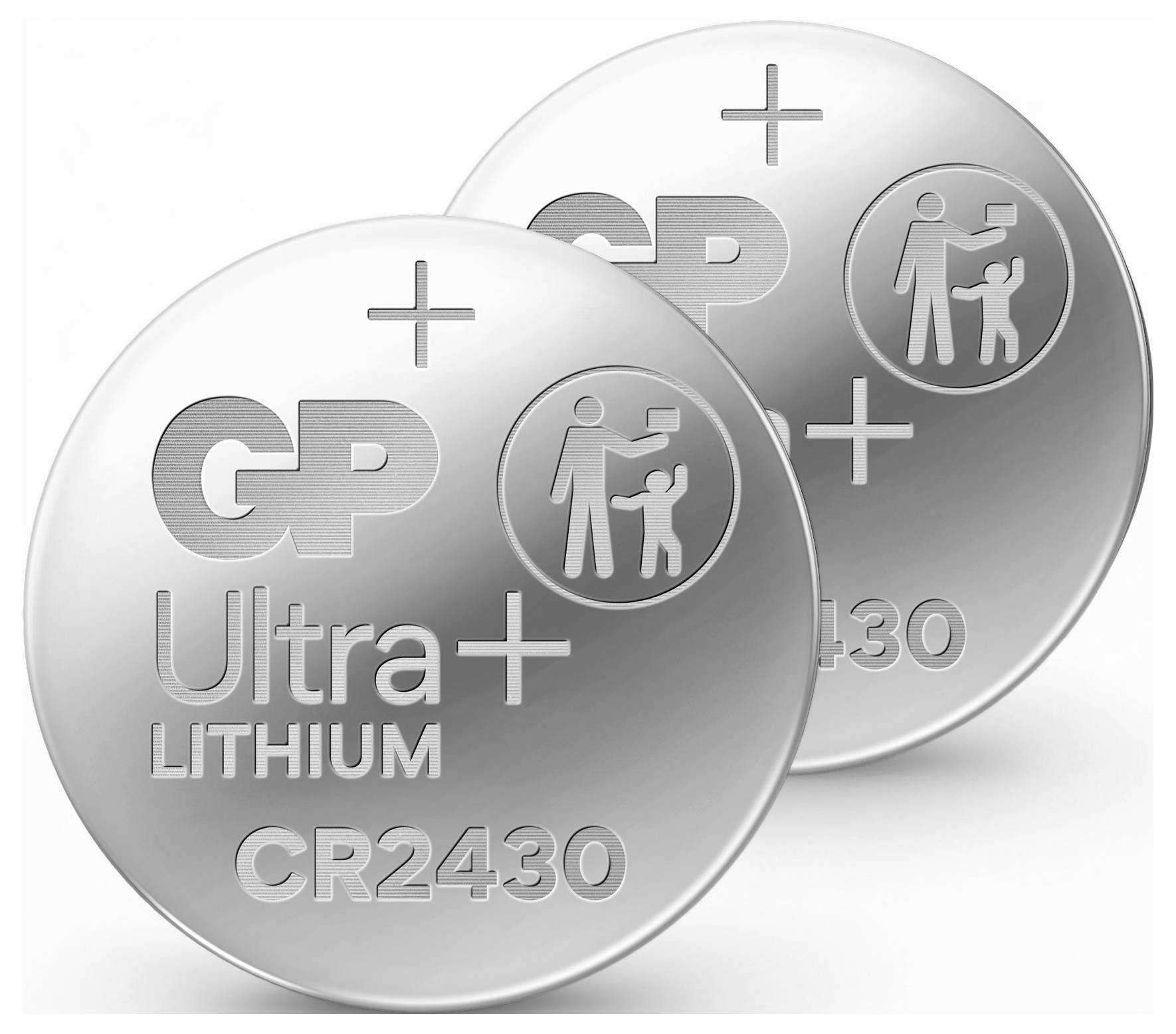 Dva stříbrné lithiové knoflíkové baterie, označené "GP Ultra Plus CR2430", jsou opatřeny bezpečnostní výstražnou ikonou s dítětem škrtnutým čarou.