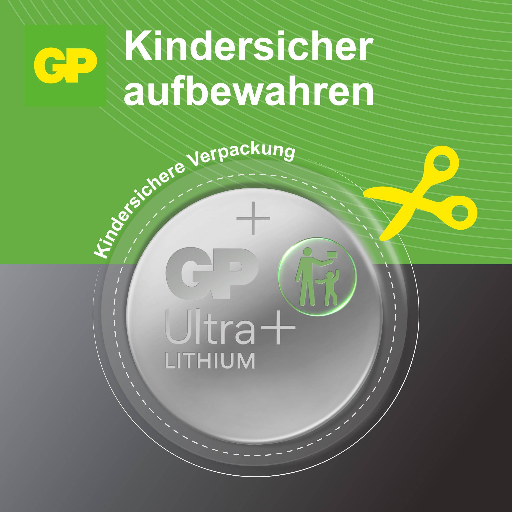 Baterie 'GP Ultra Lithium' v dětsky bezpečném obalu, zelené pozadí, žluté nůžky jako symbol nutnosti naříznutí obalu.