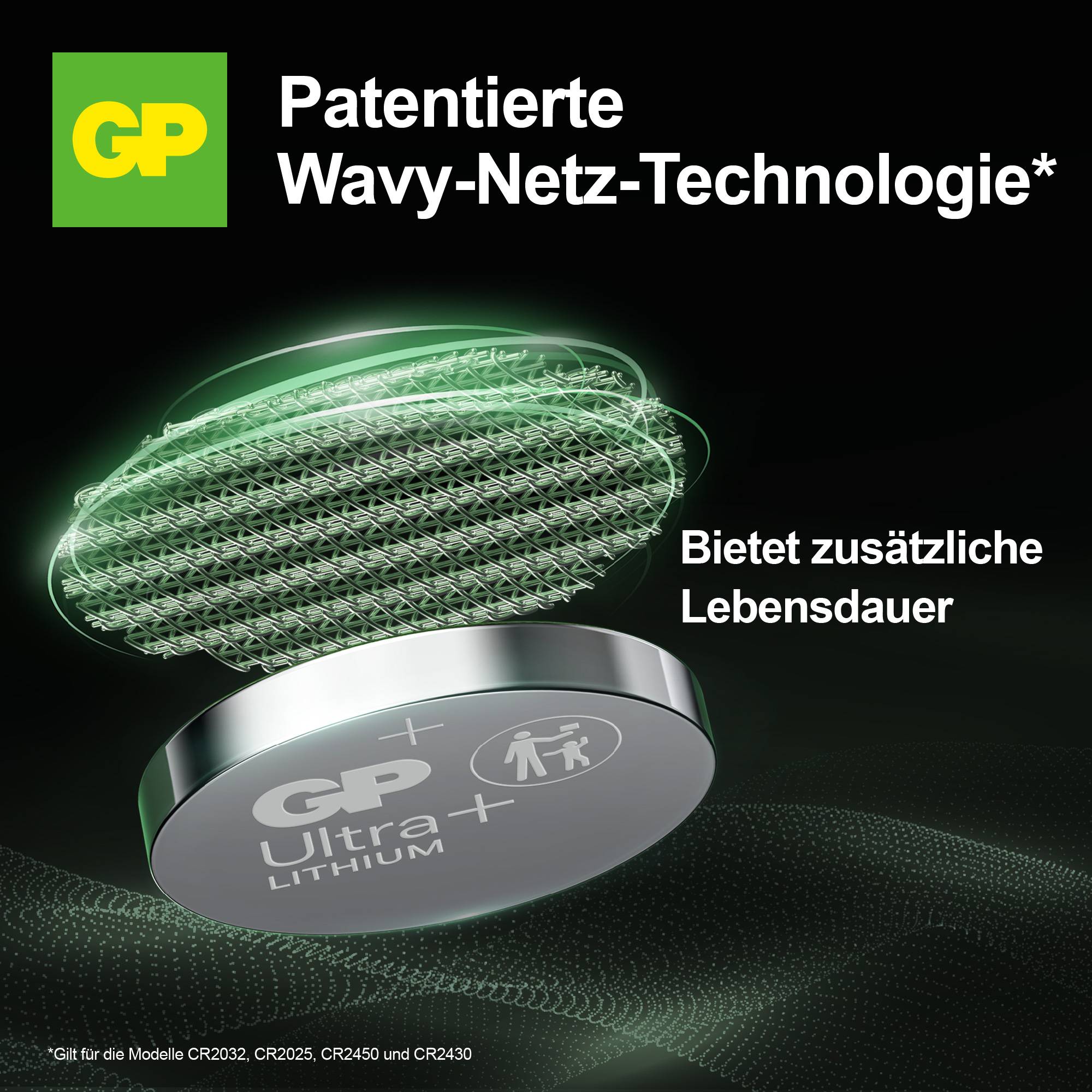 Baterie GP s patentovanou technologií Wavy-Netz a lithiem, nabízí prodlouženou životnost. Vhodná pro modely CR2032, CR2025, CR2450, CR2430.