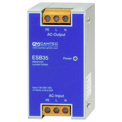 Elektronický proudový omezovač CAMTEC ESB35. Vstup: 184-265 VAC, 47-63 Hz, 0,04-0,05 A. Zapojení napájení a vstupně-výstupních střídavých připojení je znázorněno.