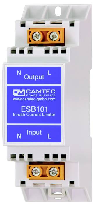 Zařízení omezující náběhový proud, označené štítkem "Camtec Power Supplies ESB101", s vstupními a výstupními svorkami, používané ke kontrole elektrických proudů.