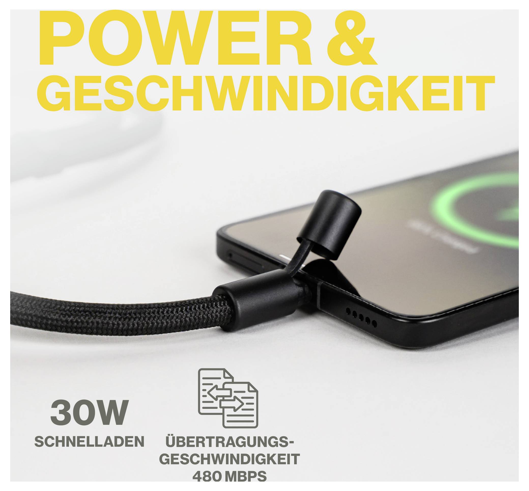 Smartphone připojený k nabíjecímu kabelu, zobrazující text 'Výkon & Rychlost'. Funkce: 30W rychlonabíjení, 480 Mb/s přenos dat.