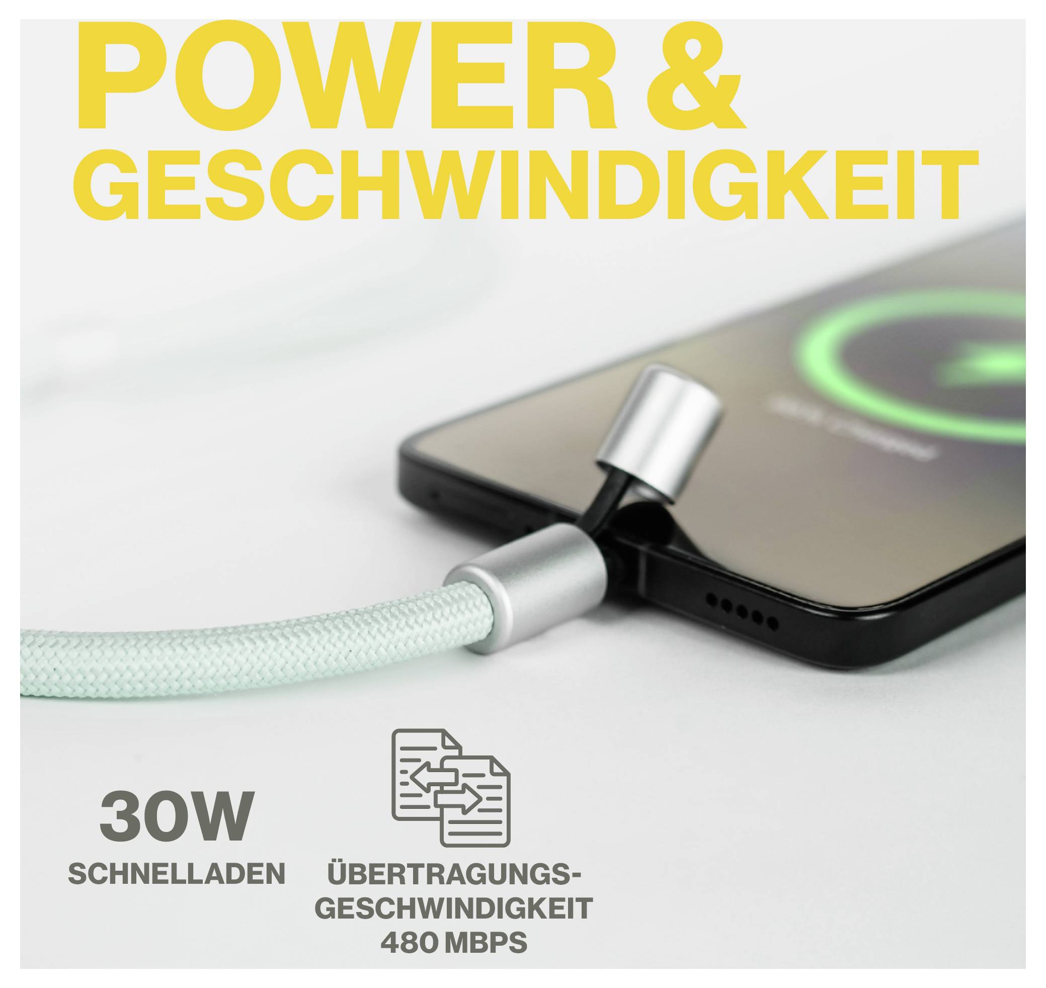 Chytrý telefon se nabíjí oplétaným kabelem na povrchu. Text zvýrazňuje 'Výkon & Rychlost', '30W rychlonabíjení' a '480 Mb/s přenosovou rychlost'.