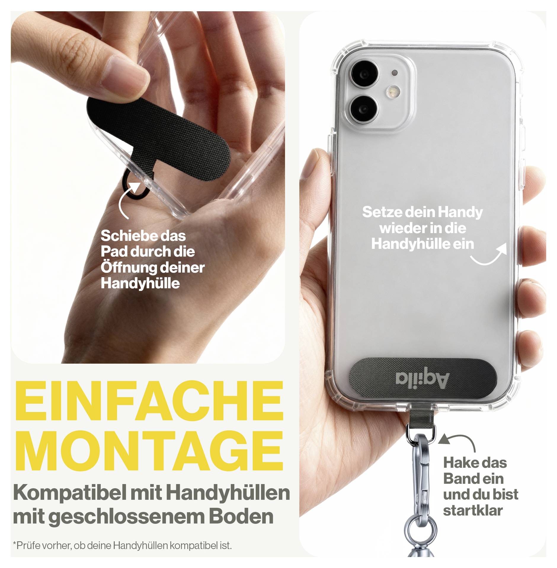 Návod na připevnění telefonního pásku 'Einfach Montage' ukazuje zasunutí podložky do krytu telefonu. Kompatibilní s kryty s uzavřeným spodem.