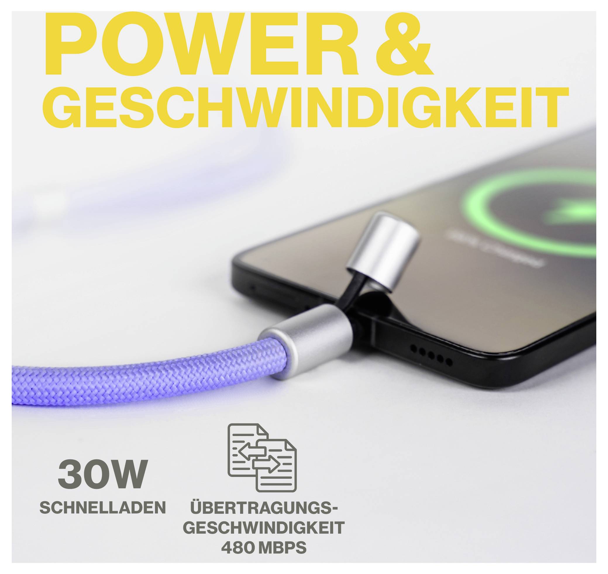 Nabíjecí kabel připojený k chytrému telefonu zobrazujícímu stav nabíjení. Text: Výkon a rychlost, 30W rychlonabíjení 480 Mb/s.