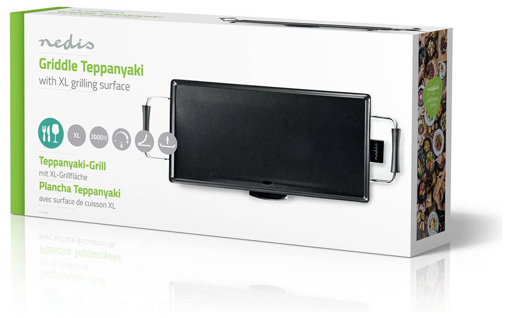 'Nedis Grilovací deska Teppanyaki s XL grilovací plochou.' Obal výrobku zobrazuje elektronickou grilovací desku vhodnou pro vaření uvnitř.