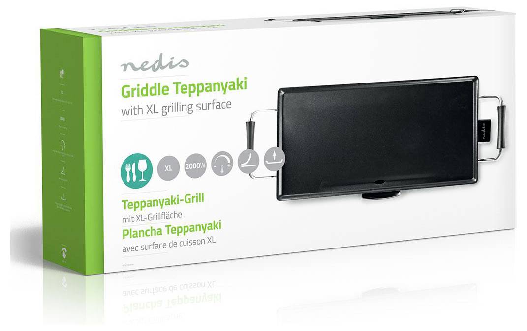 Na krabici je zobrazen teppanyaki gril značky Nedis s XL grilovací plochou. Obal zdůrazňuje její velkou varnou plochu.