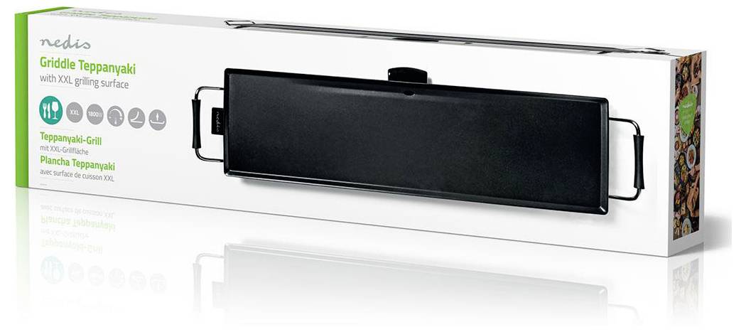Velký obal na grilovací desku s etiketou „Griddle Teppanyaki, XXL grilovací plocha" zobrazuje černou elektrickou grilovací desku a její vlastnosti.