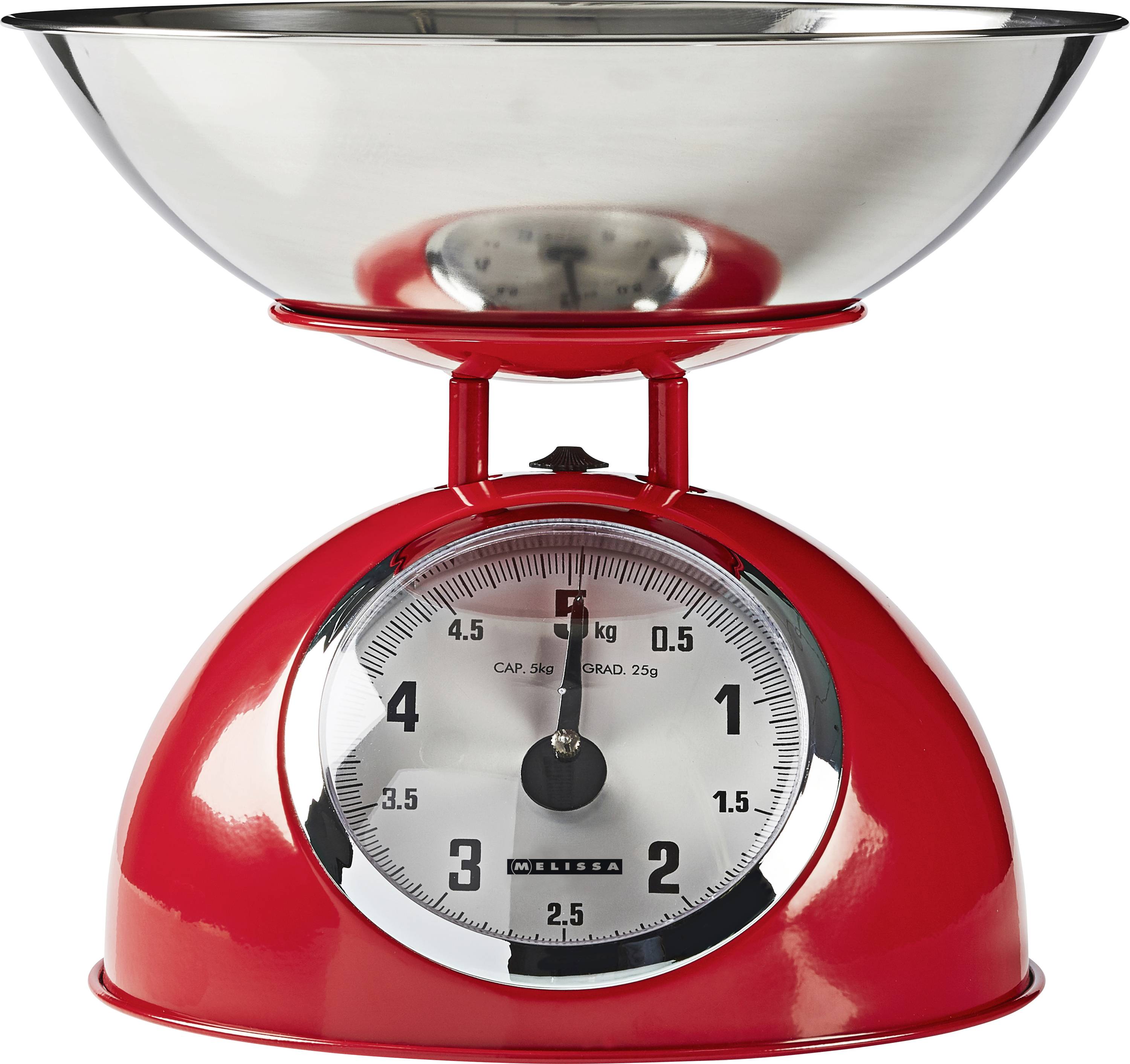Červená analogová kuchyňská váha s velkou kovovou mísou nahoře a stupnicí ukazující hmotnost v kilogramech a gramech, a to až do 5 kg.