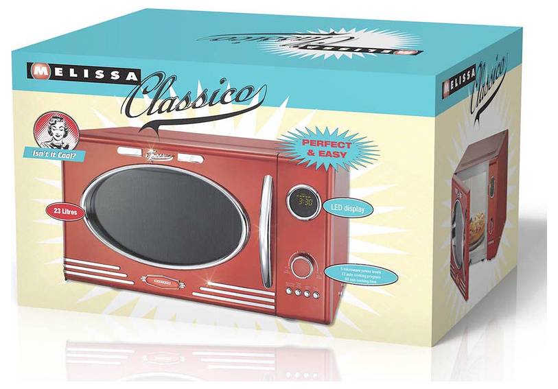 Mikrovlnná trouba 'Melissa Classico' v červené barvě v retro designu na krabici. Mezi její funkce patří objem 23 litrů, LED displej, označená jako 'Dokonalé & Snadné'.