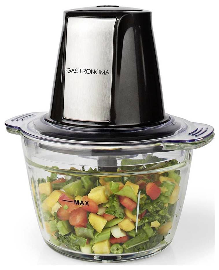 Průhledná skleněná mísa kuchyňského robotu naplněná nakrájenou zeleninou, s nápisem "GASTRONOMA" nahoře a viditelnou značkou maximální hladiny "MAX".